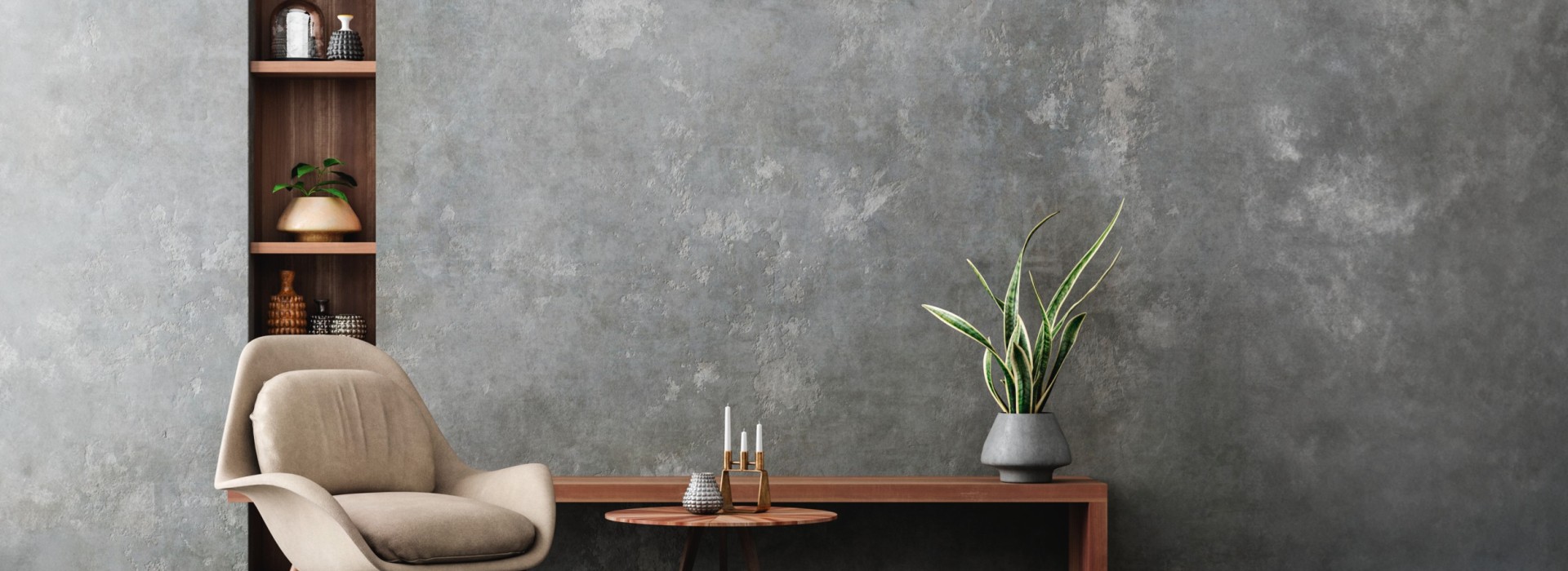 La costruzione solida è sostenibile e trasmette un buon atteggiamento nei confronti della vita. Una stanza in una struttura solida è stata arredata in modo accogliente ed estetico con una poltrona, un tavolo e una scaffalatura.